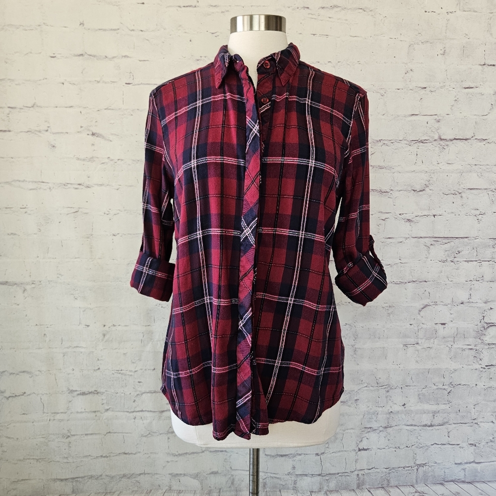 Kut From The Kloth Torin Lurex Detail Shirt Red Navy Plaid Medium